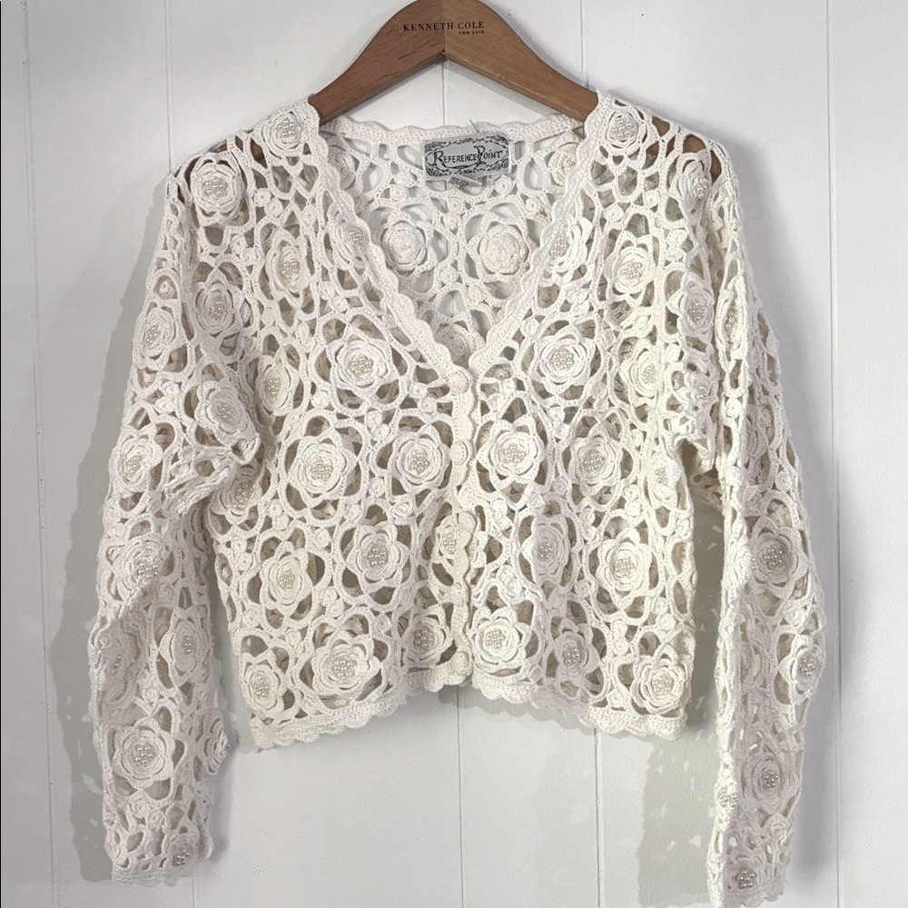 Reference Point Beige‎ Crochet Cropped Cardigan Pearls Details Size S